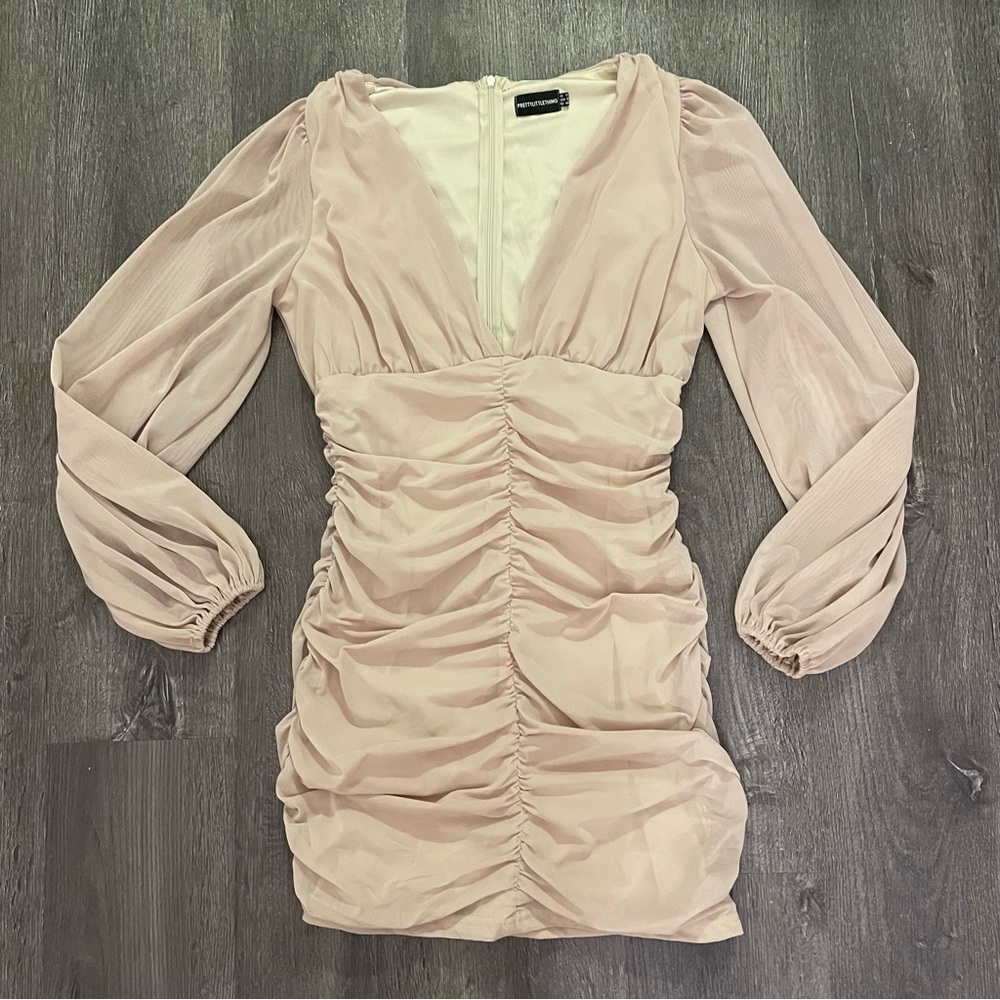 PrettyLittleThing Tan Mesh Ruched Ballon Sleeves Mini Dress ( 8)